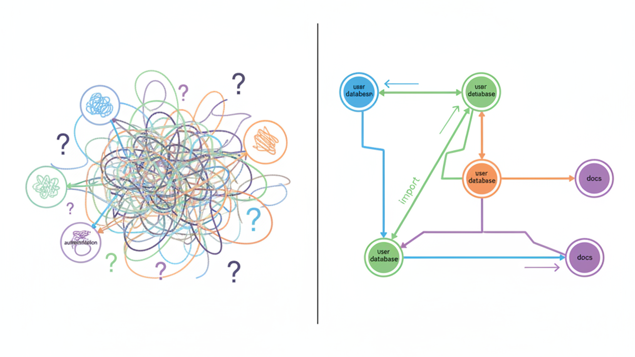 Illustration of semantic search confusion: multiple disconnected code concepts tangled together vs clean dependency relationships